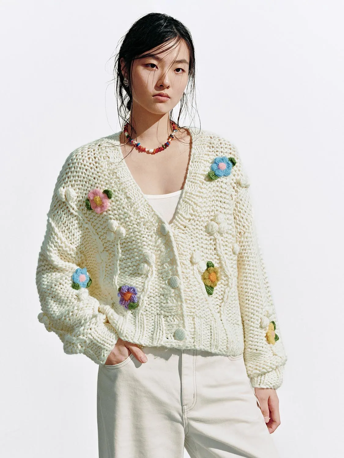 Crochet Floral Applique V-Neck Knitted Cardigans sold by Urban Revivo