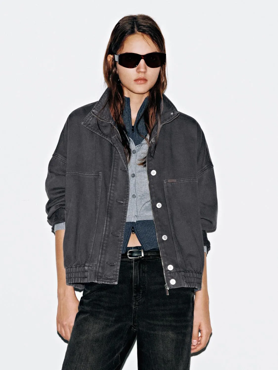 Funnel Neck Denim Bomber Jackets sold by Urban Revivo