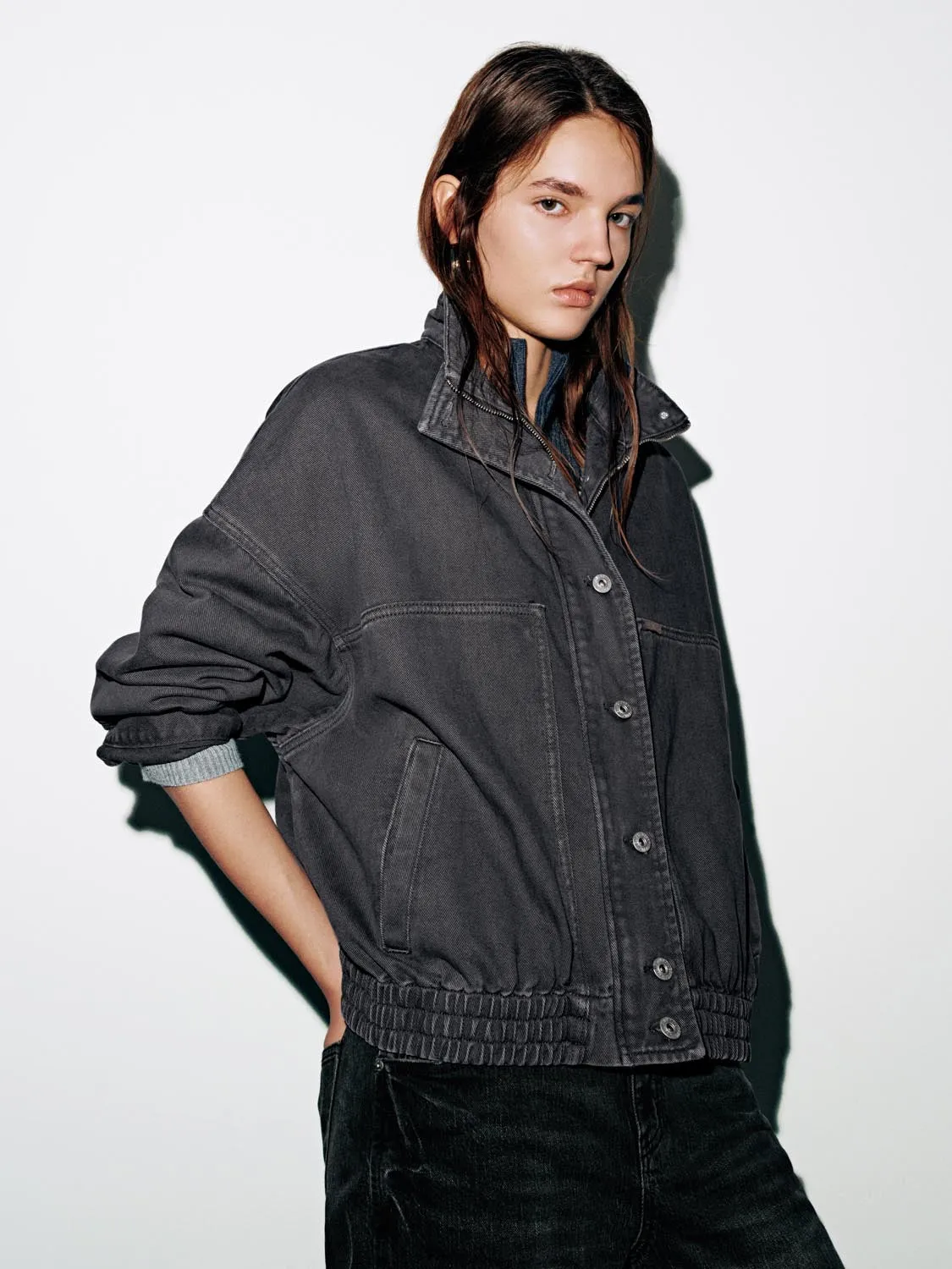Funnel Neck Denim Bomber Jackets sold by Urban Revivo product image thumbnail 2