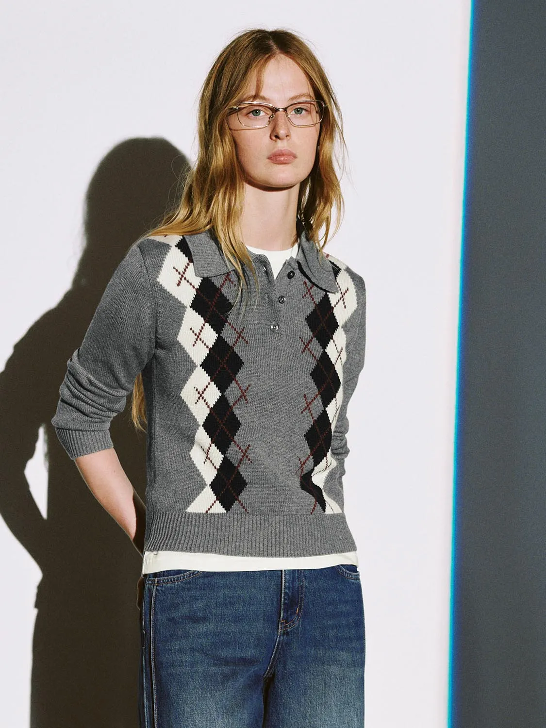 Argyle Polo Neck Long Sleeve Knitted T-Shirts sold by Urban Revivo