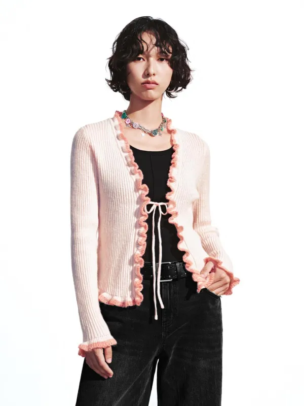 Contrast Ruffle Trim V-Neck Knitted Cardigans sold by Urban Revivo