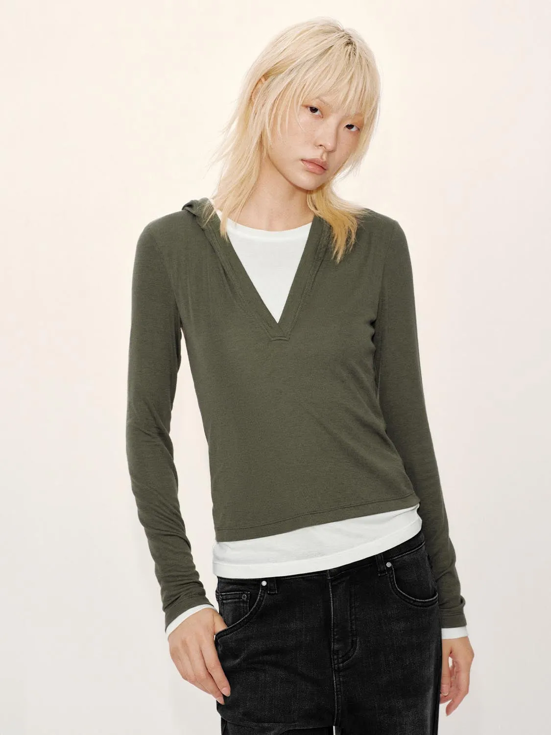 Hooded V-Neck Long Sleeve Skinny T-Shirts sold by Urban Revivo