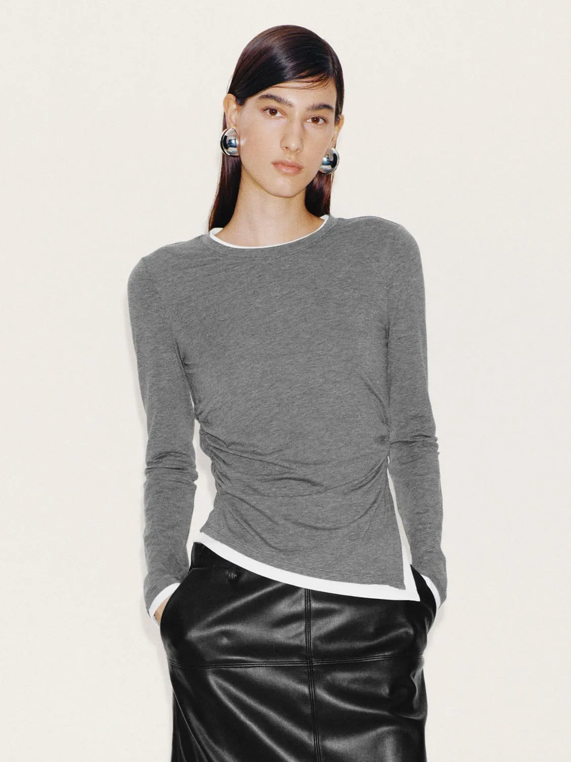 2 In 1 Contrast Ruched Long Sleeve T-Shirts sold by Urban Revivo