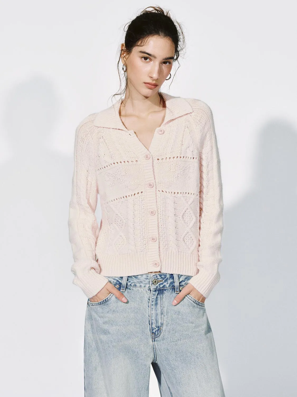 Collared Cable Knitted Cardigan sold by Urban Revivo