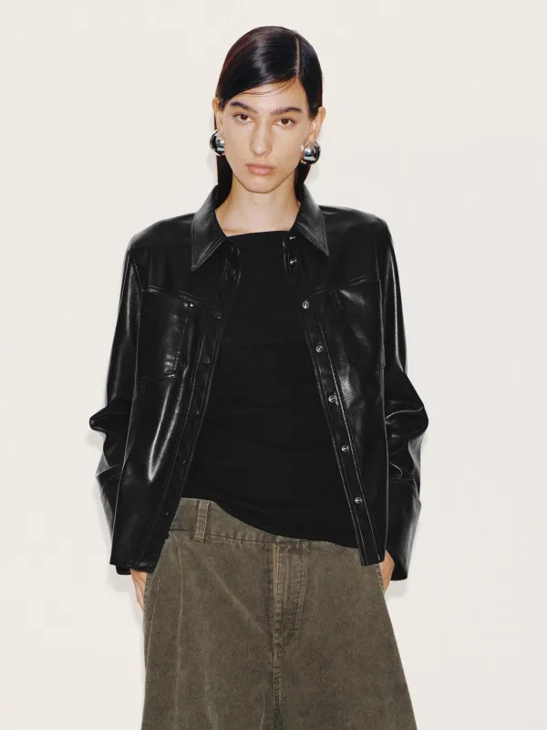 Nipped Waist Faux Leather Shirts sold by Urban Revivo