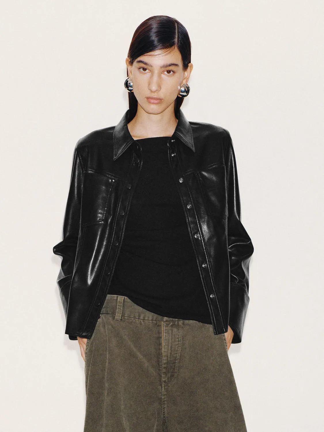 Nipped Waist Faux Leather Shirts sold by Urban Revivo