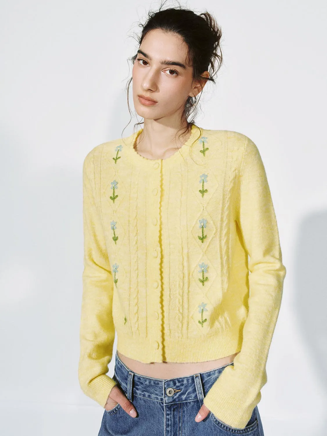 Floral Intarsia Cable Knitted Cardigan sold by Urban Revivo