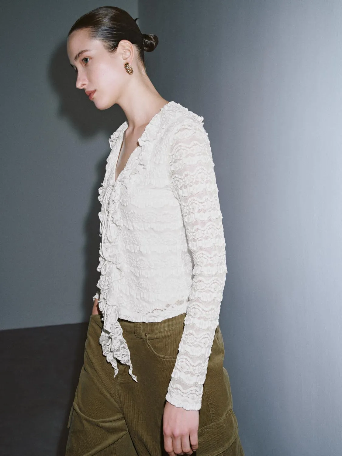 Laced V-Neck Tie Front Frill Shirts sold by Urban Revivo product image thumbnail 2