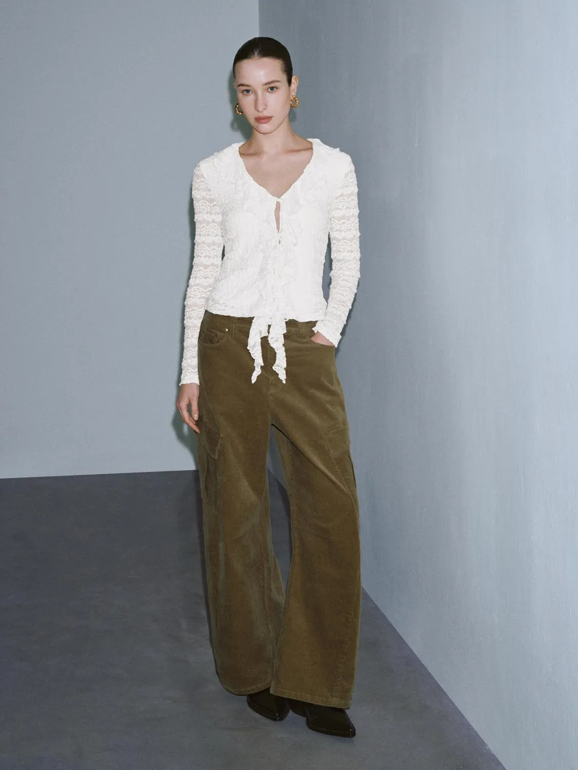 Laced V-Neck Tie Front Frill Shirts sold by Urban Revivo product image thumbnail 4