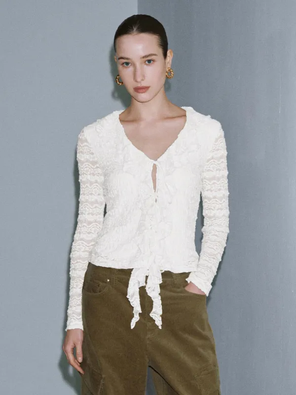 Laced V-Neck Tie Front Frill Shirts sold by Urban Revivo