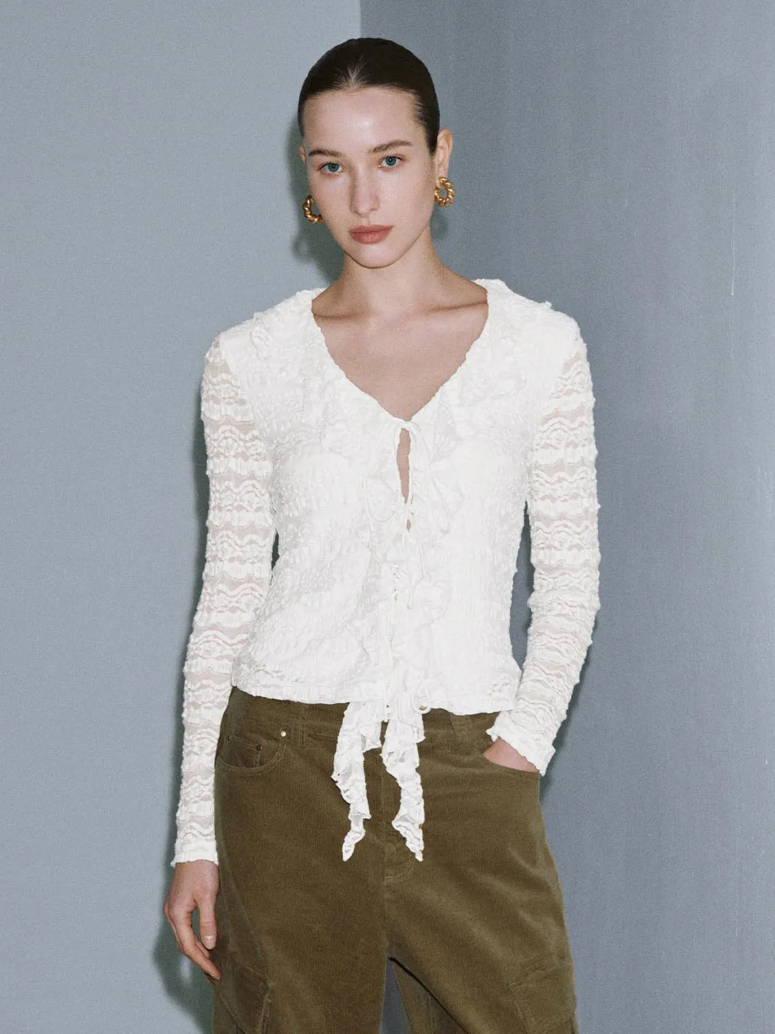 Laced V-Neck Tie Front Frill Shirts sold by Urban Revivo