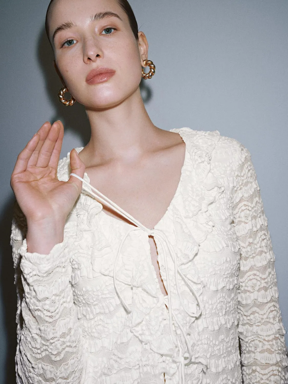 Laced V-Neck Tie Front Frill Shirts sold by Urban Revivo product image thumbnail 3