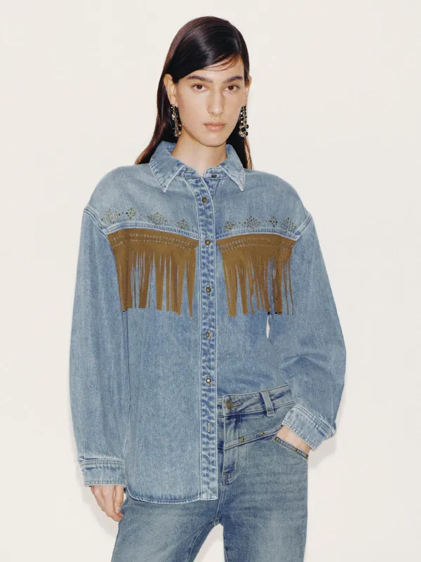 Contrast Fringe Detail Denim Shirts sold by Urban Revivo