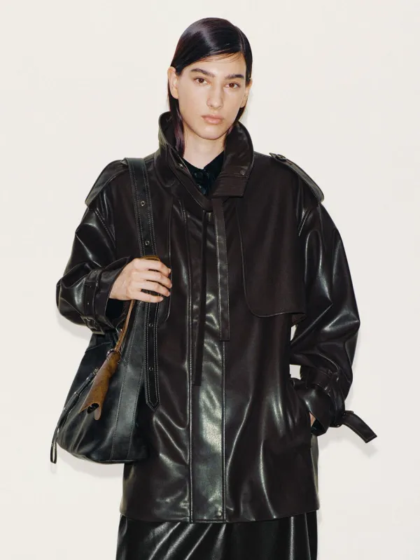 Faux Leather Funnel Neck Belted Trench Coats sold by Urban Revivo