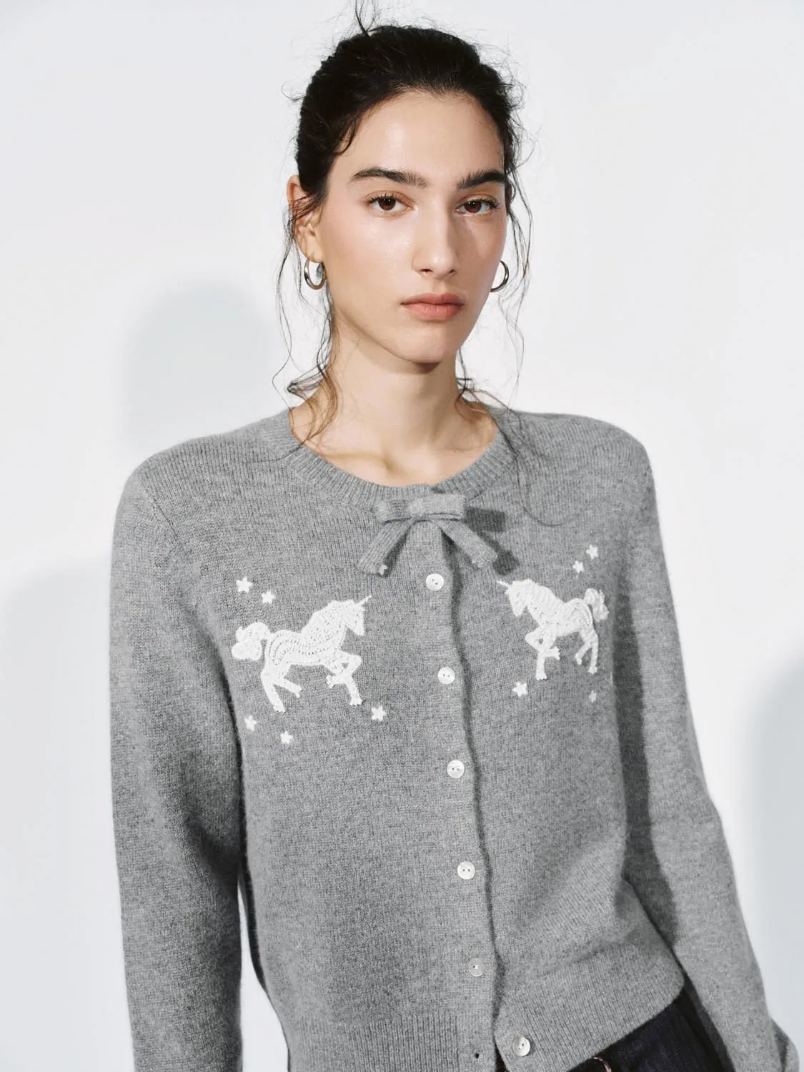 Crew Neck Bow Detail Intarsia Knitted Cardigans sold by Urban Revivo product image thumbnail 3