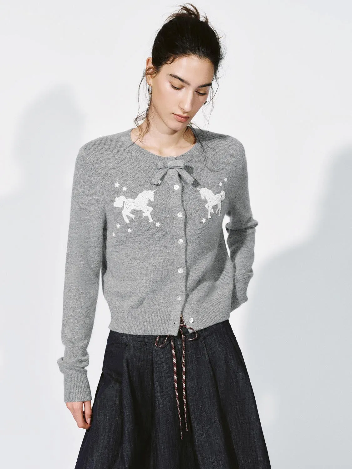 Crew Neck Bow Detail Intarsia Knitted Cardigans sold by Urban Revivo