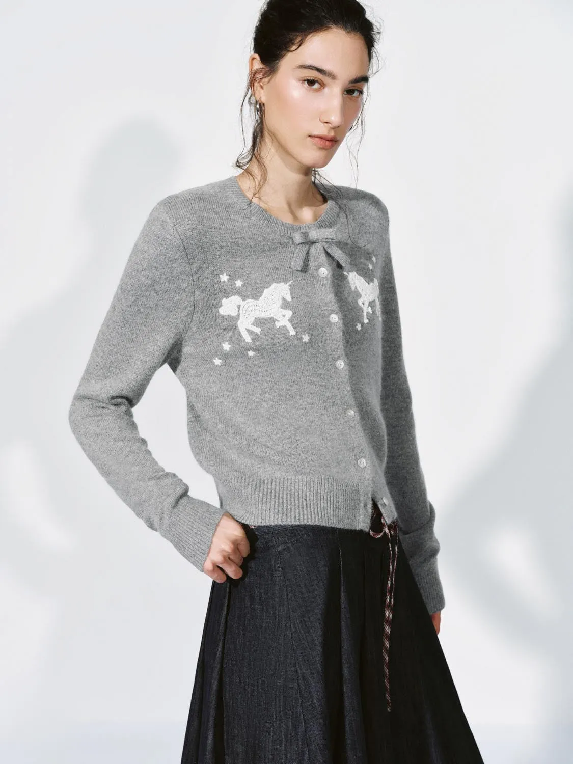 Crew Neck Bow Detail Intarsia Knitted Cardigans sold by Urban Revivo product image thumbnail 2