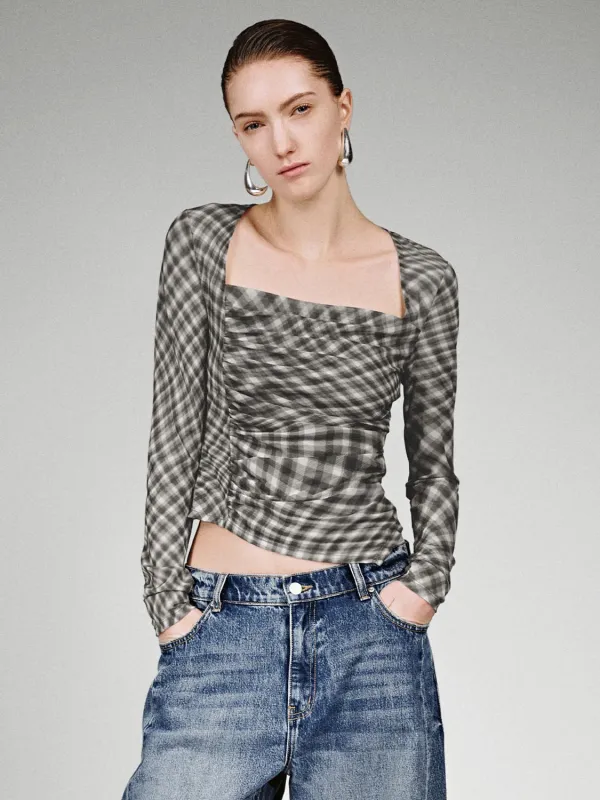 Square Neck Check Long Sleeve T-Shirts sold by Urban Revivo