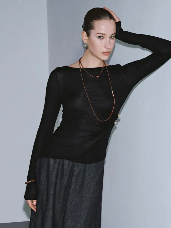 Boat Neck Cinched Waist Long Sleeve T-Shirts sold by Urban Revivo