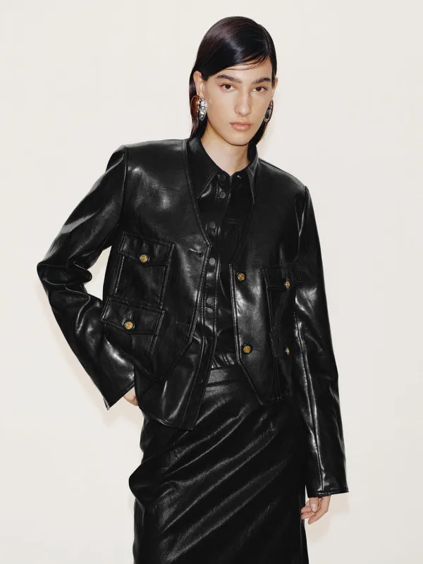 Faux Leather Collarless V-Neck Jackets sold by Urban Revivo