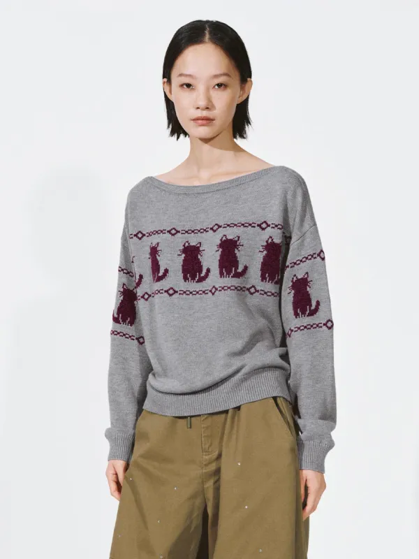 Boat Neck Intarsia Long Sleeve Knitted T-Shirts sold by Urban Revivo