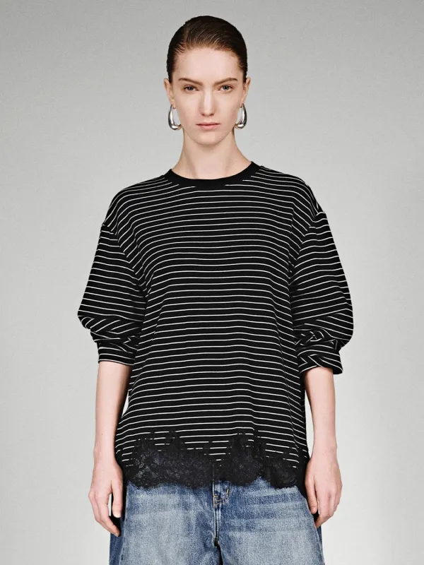 Lace Trim Striped Long Sleeve T-Shirts sold by Urban Revivo