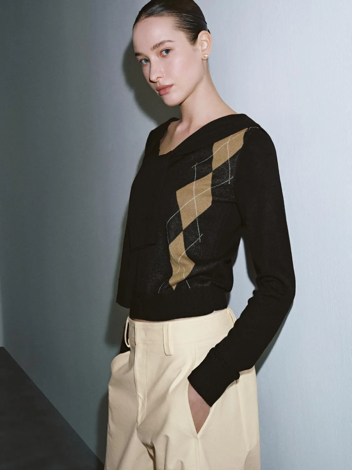 Shawl Detail Argyle Long Sleeve Knitted T-Shirts sold by Urban Revivo product image thumbnail 2