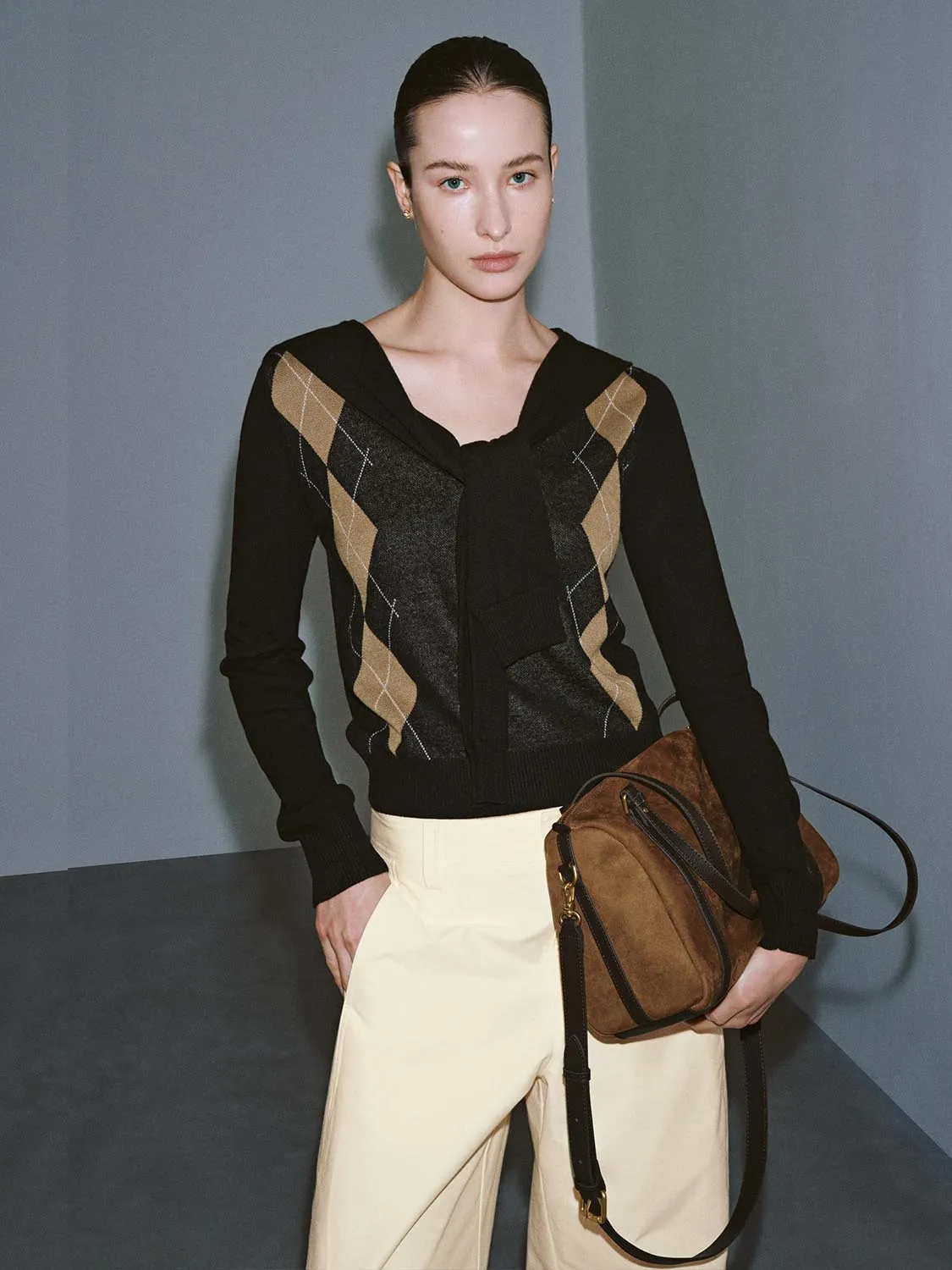 Shawl Detail Argyle Long Sleeve Knitted T-Shirts sold by Urban Revivo