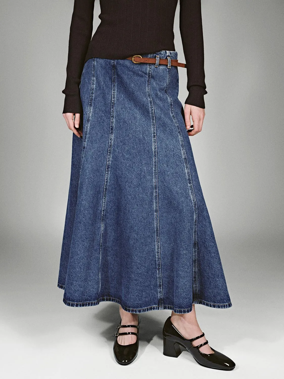 Belted Pleated Seam Detail Denim Maxi Skirts sold by Urban Revivo