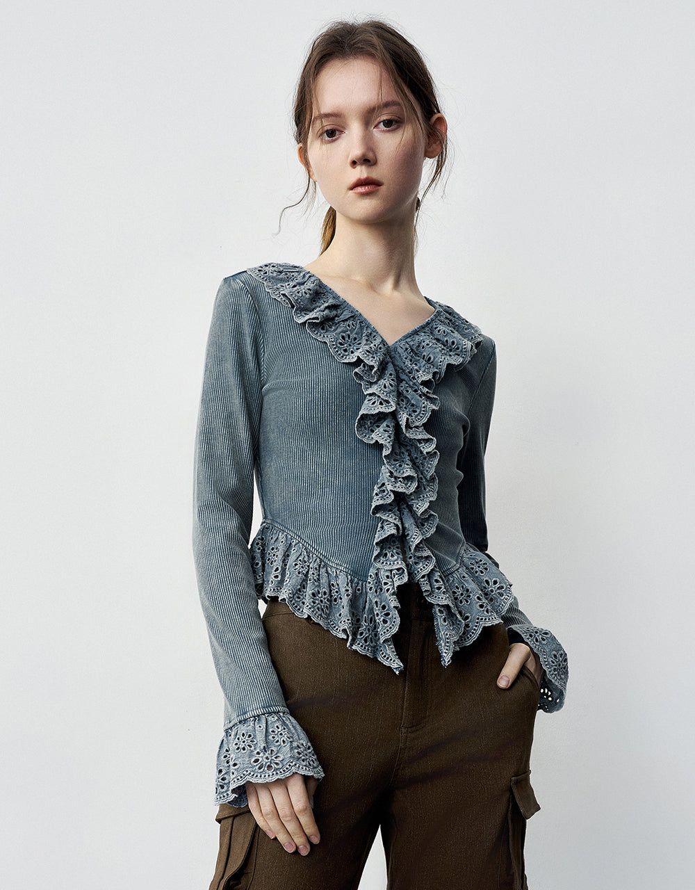 Ruffle V-Neck Skinny T-Shirt sold by Urban Revivo