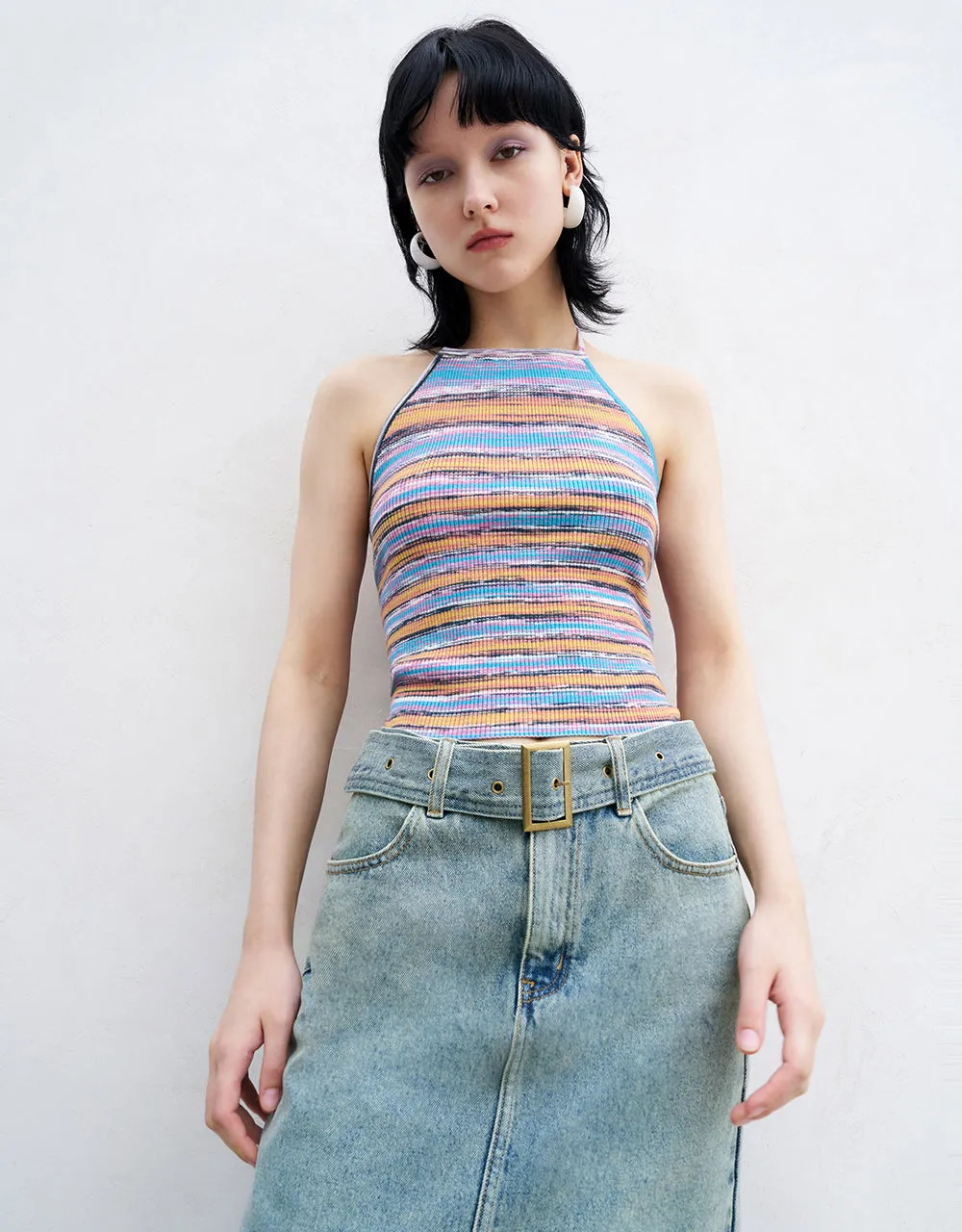 Halter Neck Striped Knitted Tank Top sold by Urban Revivo