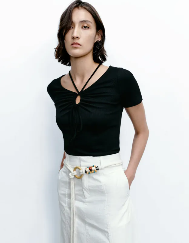 O-Ring V-Neck Skinny T-Shirt sold by Urban Revivo