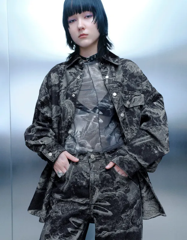 Printed Drop Shoulder Sleeve Denim Jacket sold by Urban Revivo