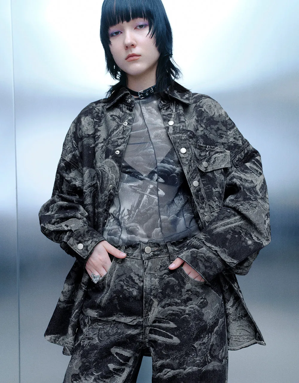 Printed Drop Shoulder Sleeve Denim Jacket sold by Urban Revivo