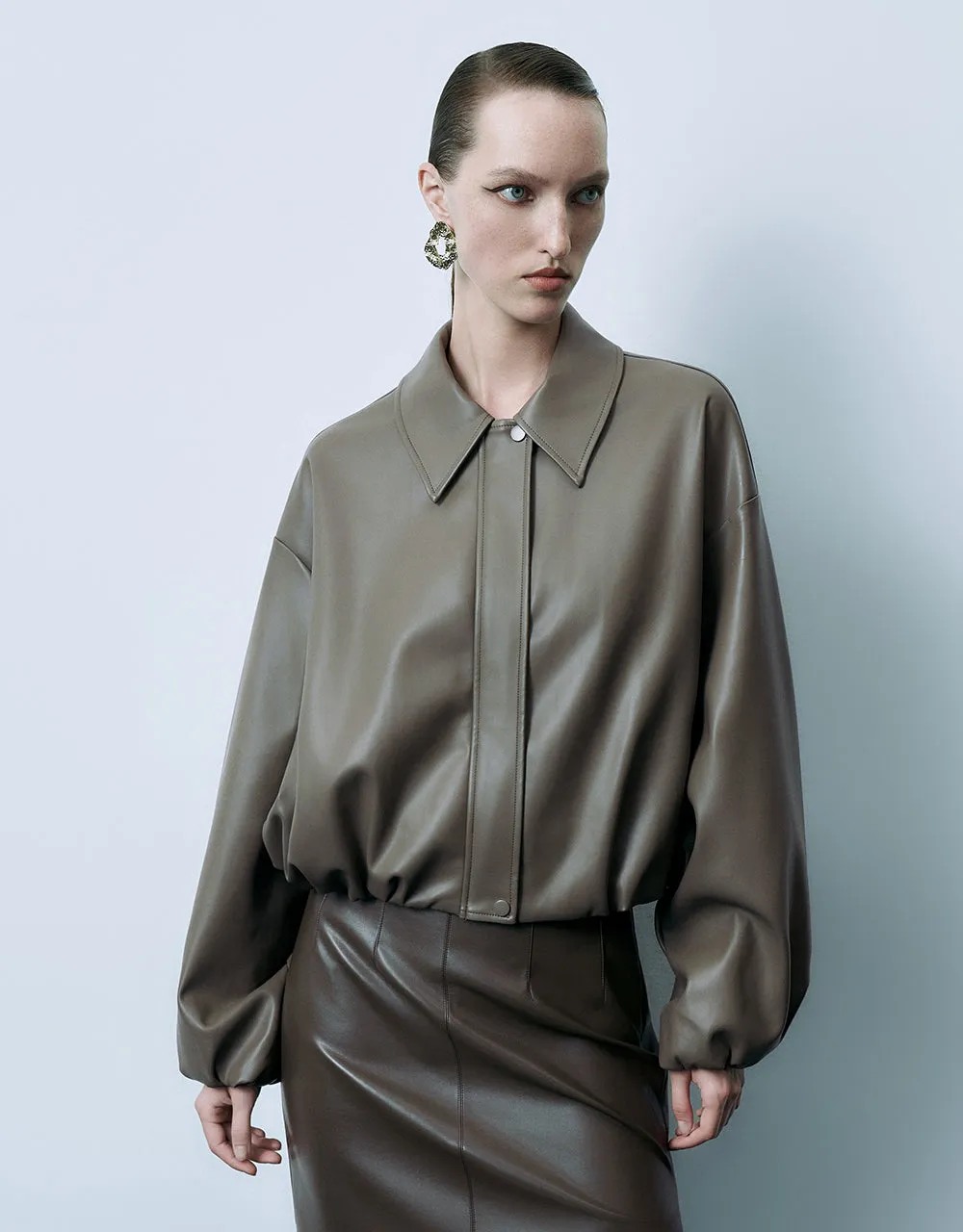 Drop Shoulder Sleeve Vegan Leather Jacket sold by Urban Revivo