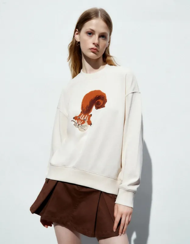 Squirrel Embroidered Crew Neck Sweatshirt made by Urban Revivo