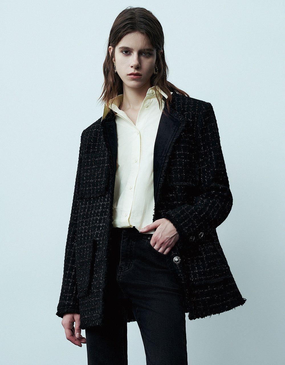 Raw Trim Crew Neck Tweed Jacket sold by Urban Revivo