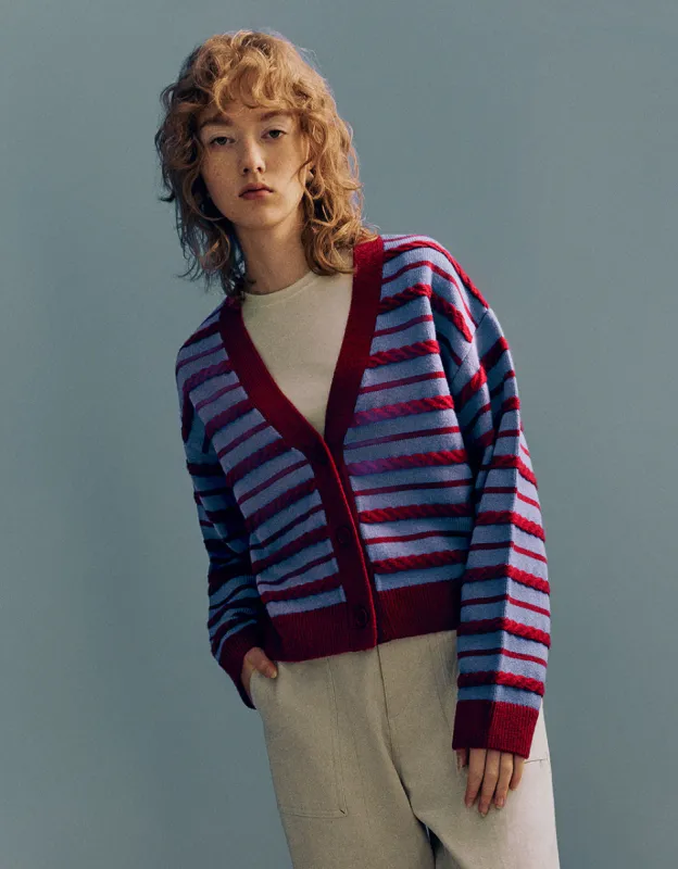 Striped V-Neck Knitted Cardigan sold by Urban Revivo