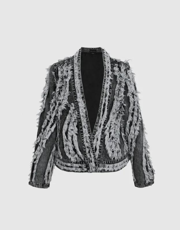 Raw Detail Kimono Lapel Denim Jacket made by Urban Revivo