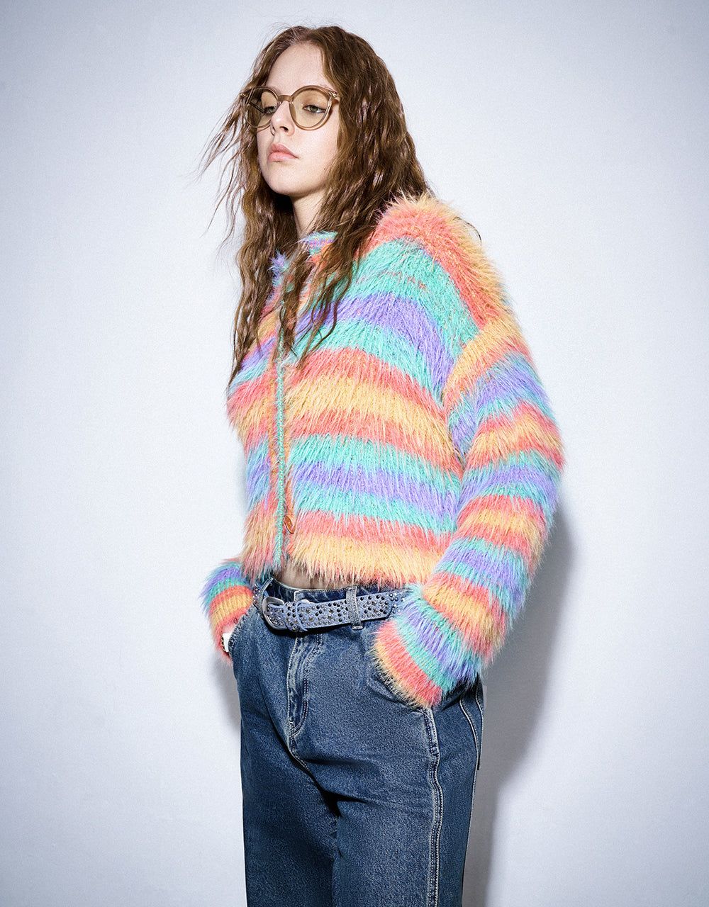 Furry Striped Crew Neck Knitted Cardigan sold by Urban Revivo product image thumbnail 3