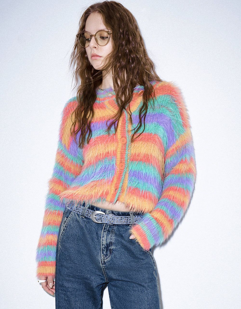 Furry Striped Crew Neck Knitted Cardigan sold by Urban Revivo