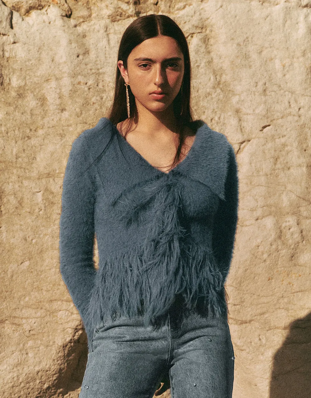 Furry Off-Shoulder Knitted Cardigan sold by Urban Revivo