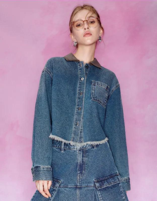 Raw Hem Button Up Denim Shirt sold by Urban Revivo