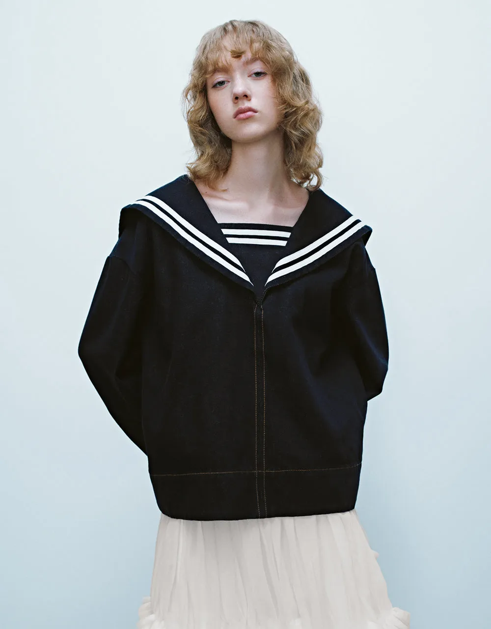 Sailor Collar Neck Denim Shirt sold by Urban Revivo