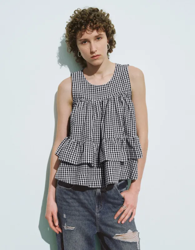 Gingham Sleeveless Crew Neck Blouse sold by Urban Revivo