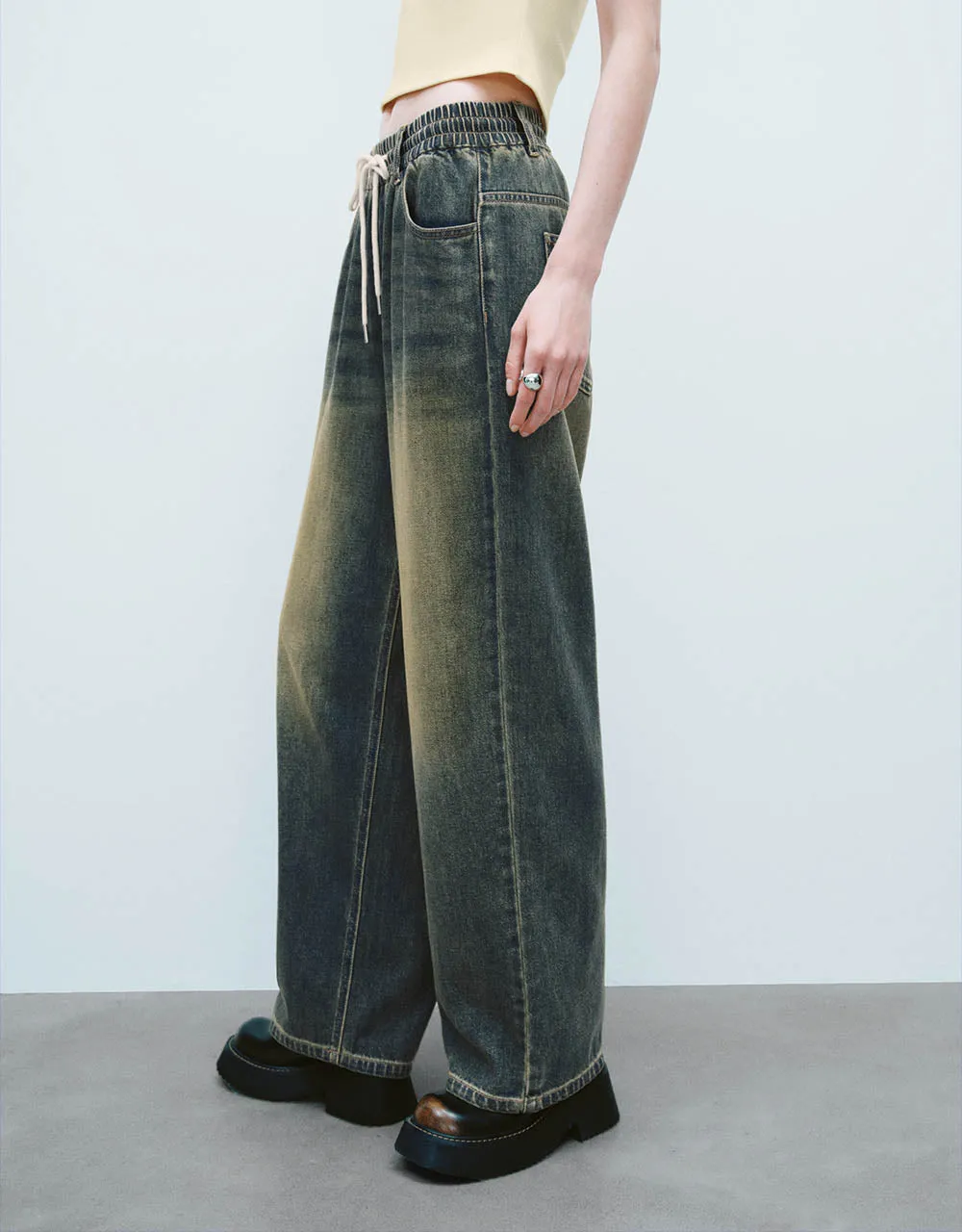 Drawstring Waist Wide-Leg Jeans sold by Urban Revivo product image thumbnail 4