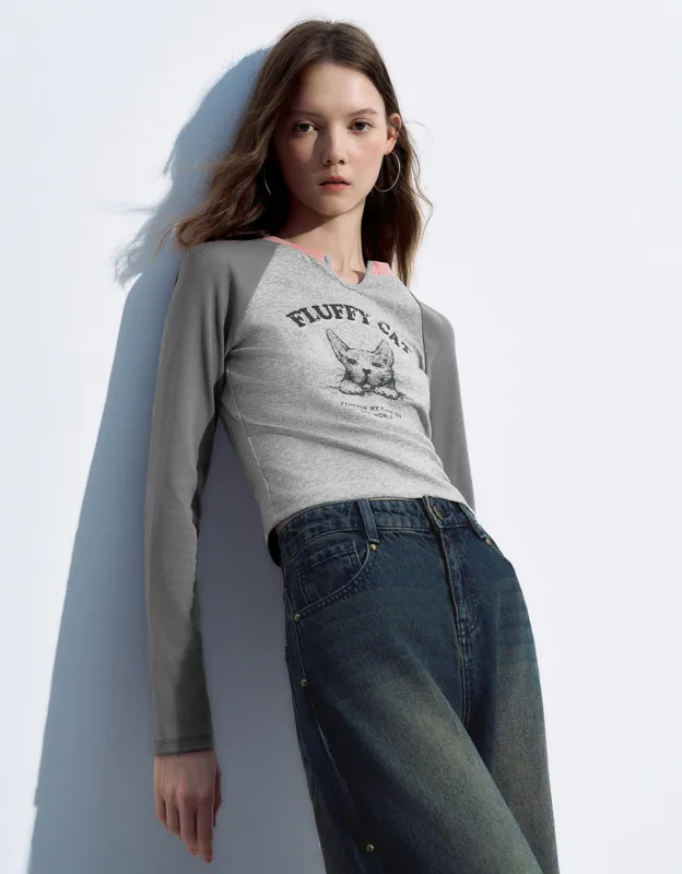 Pet Printed Raglan Sleeve Skinny T-Shirt sold by Urban Revivo