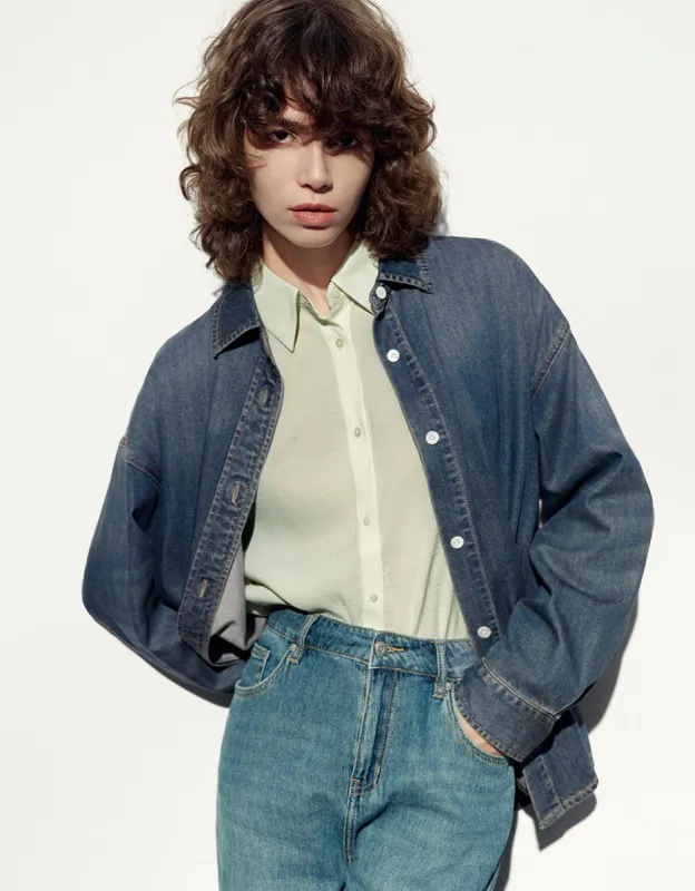 Drop Shoulder Sleeve Lapel Denim Shirt sold by Urban Revivo