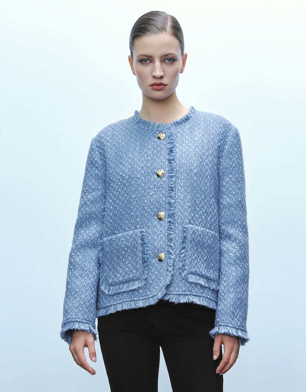 Tweed Raw Hem Crew Neck Jacket sold by Urban Revivo