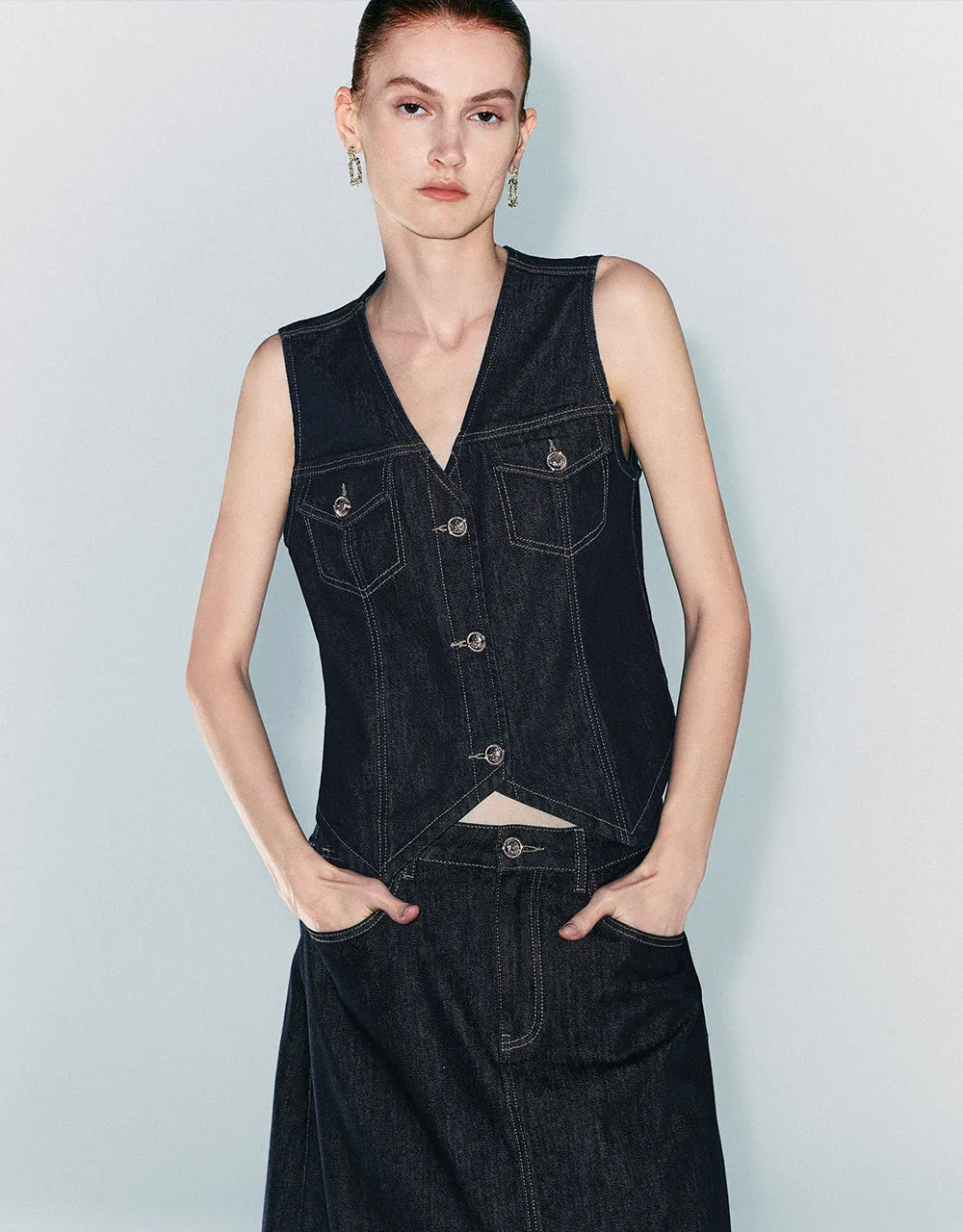 V-Neck Denim Waistcoat sold by Urban Revivo